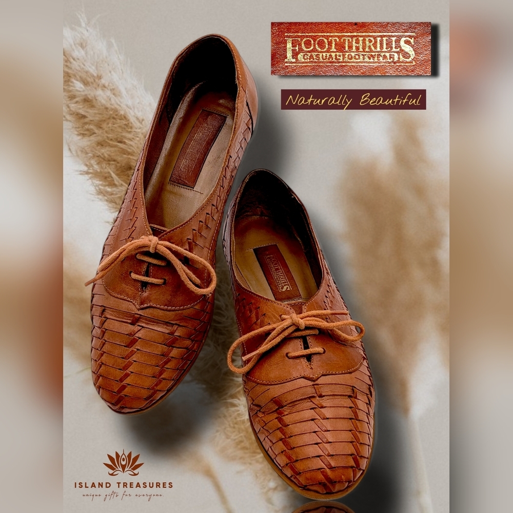 Foot Thrills Women's Size US 9 | EU 40 Tan Woven Genuine Leather  Lace-Up Shoe